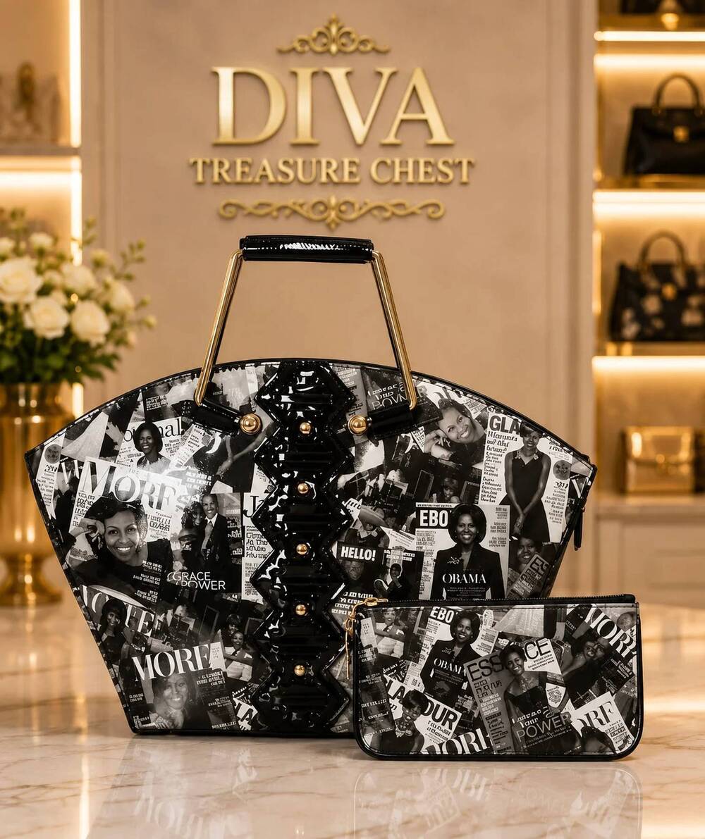 NEW DIOPHY women's michelle obama magazine cover collage handbag in black/white